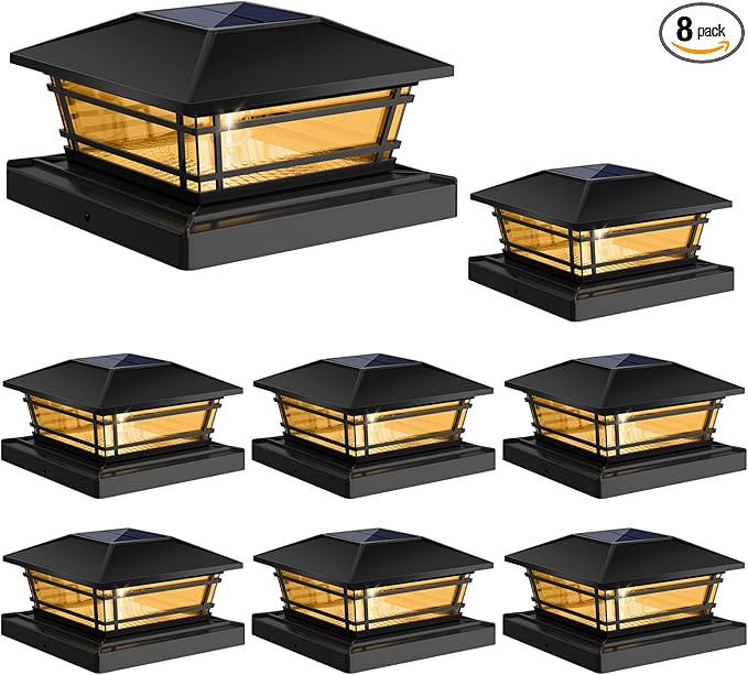 Solar Post Cap Lights Outdoor 8Pack [LED Bulb, 2 Brightness Setting] Fence Post Solar Lights Waterproof for 4x4 5x5 or 5.5x5.5 Wood Posts, Warm Bright Bulb Lighting for Garden Deck Yard