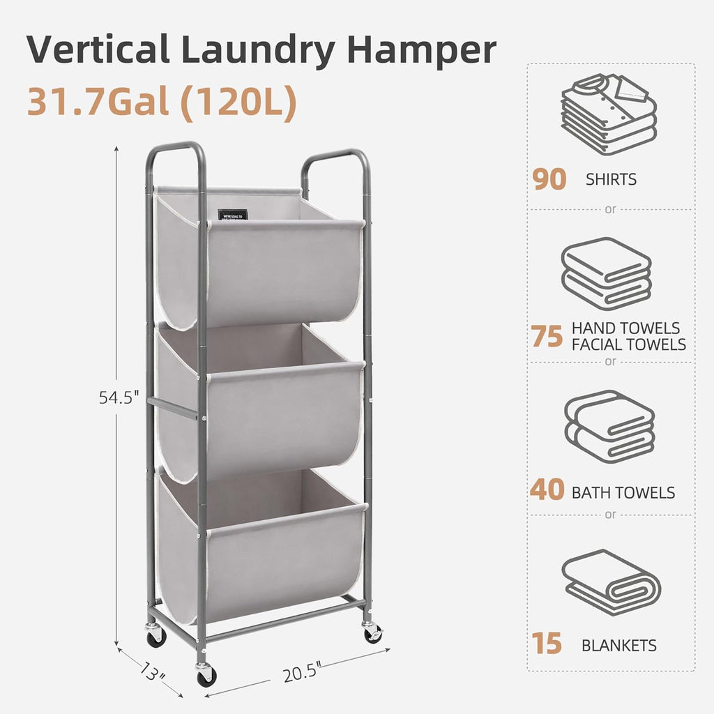 STORAGE MANIAC 120 Liters Vertical Rolling Laundry Hamper, 3 Section Laundry Sorter with Wheels and 2 Breaks, 3-tier Laundry Baskets for Small Space, Dorm, Laundry Room, Closet, Bathroom, Gray 3-tier