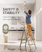 4 Step Ladder, Folding Step Stool with Anti-Slip Wide Sturdy Pedal and Handgrip, Portable Lightweight Aluminum Stepladder, 300 lbs Capacity, Multi-Use for Home, Library - Brown Gold