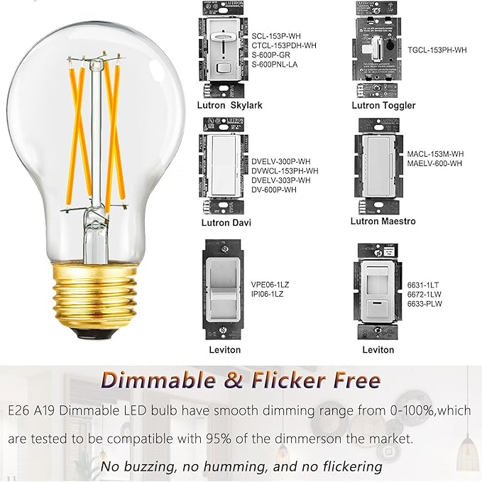 A19 Vintage LED Edison Light Bulbs 60 Watt, E26 Dimmable LED Filament Light Bulbs, 3000K Soft White,6W Equal 60 Watt Incandescent Bulbs,600LM, AC120V, A19 LED Bulb with 90 CRI,COCODI-6Pack (6W-3000K)