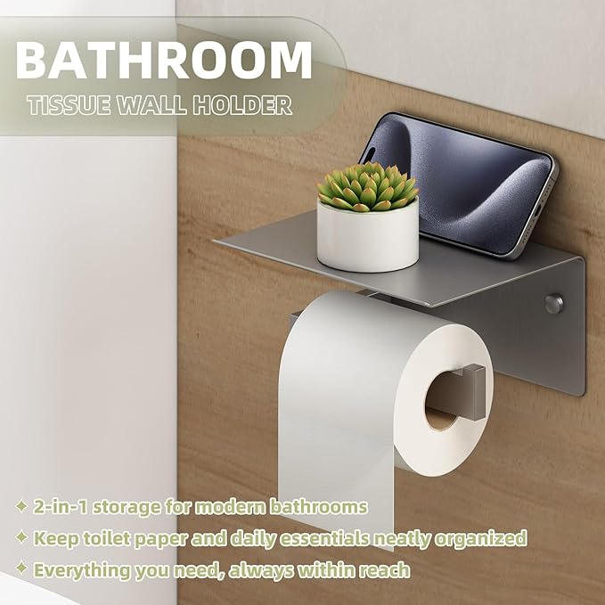 APLusee Toilet Paper Holder with Phone Shelf Gunmetal Gray, 304 Stainless Steel Rustproof Wall Mounted Heavy-Duty, Space-Saving for Modern Bathrooms