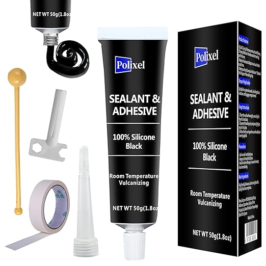 Black RTV Silicone Sealant Adhesive, 100% Silicone Caulk, All-Purpose Waterproof Sealant for Car, Window, Bathroom, Kitchen, Shrink & Crack Proof High Bond Strength Adhesive – 1.8oz / 50g