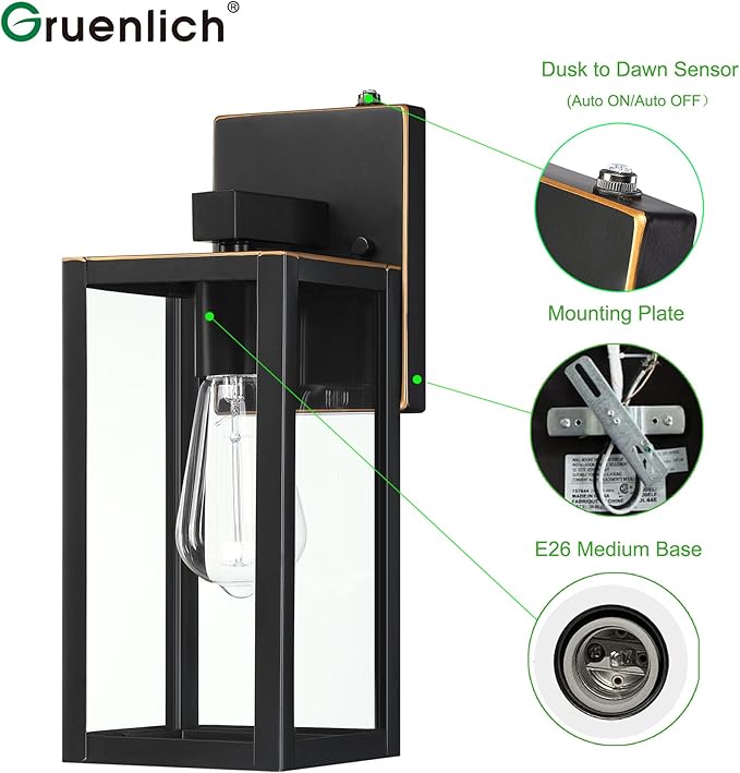GRUENLICH Dusk to Dawn Large Outdoor Wall Lantern, Wall Sconce as Porch Lighting Fixture, E26 Base Max 60W, Metal Housing with Glass Shade (Oil Rubbed Bronze, 2-Pack)