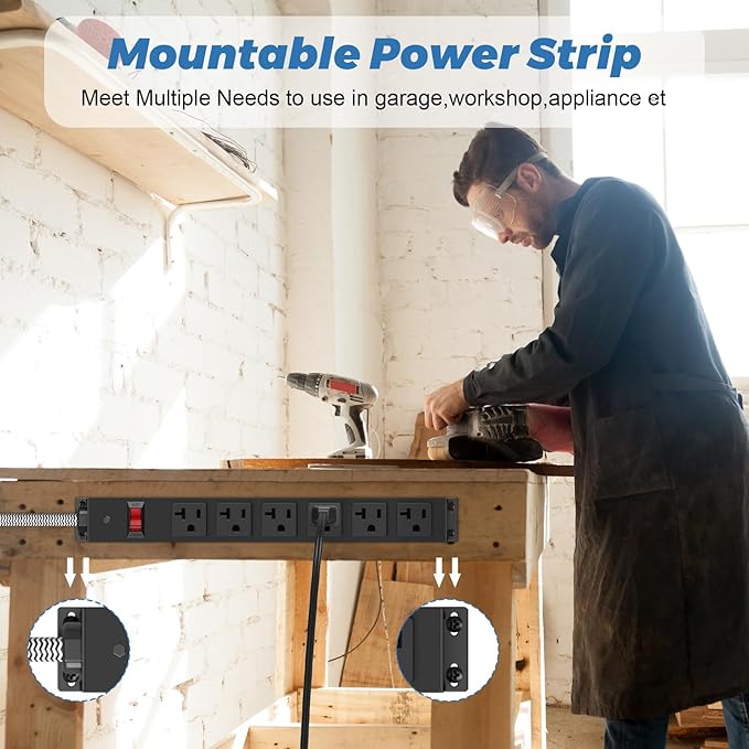 HEZI 20 Amp Power Strip with 5-20P/T- Plug, Heavy Duty High Amp Metal Surge Protector, Mountable Industrial Power Strip with 6AC Outlets(5-20R) and Circuit Breaker, 6FT 12AWG Extension Cord