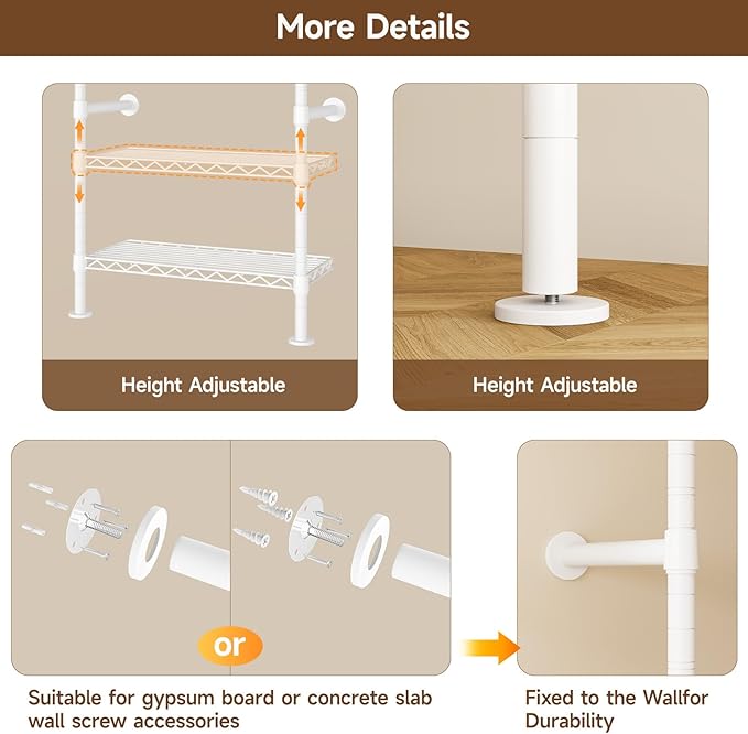 H6 Wall Mounted Closet System, Industrial Pipe Clothes Rack Clothing Racks with 6 Telescopic Rods & 3 Fixing Rods & 9 Shelves, Heavy Duty Closet Organizers and Storage in Wardrobe Closet (White)