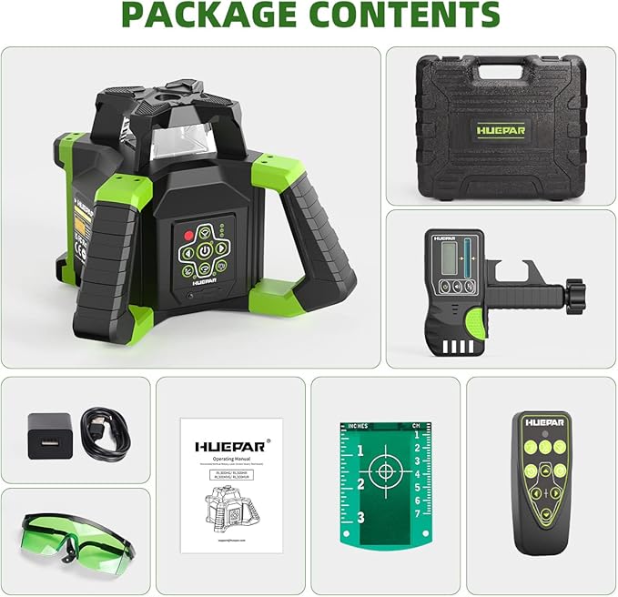 Huepar Electronic Green Rotary Laser Level + Plumb Points, Self-Leveling Horizontal/Vertical Rotary Laser Kit 800M W/Goggles, Receiver, Target Plate, Remote Control, Li-ion Battery & 5V2A Adapter