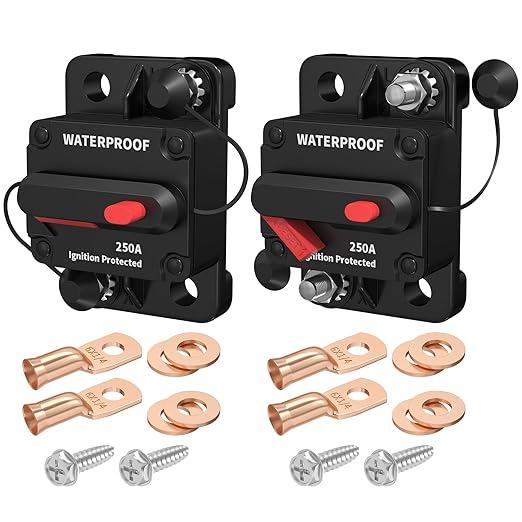 DaierTek 250A Circuit Breaker 12V Waterproof Marine 250 Amp Circuit Breaker 12 Volt for Automotive Car RV Boat -2Pack