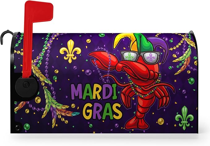 Mardi Gras Mailbox Cover Magnetic Standard Size 21x18 Inch Crawfish Carnival Beads Mailbox Covers Letter Box Wraps for Holiday Outdoor Garden Yard Decor