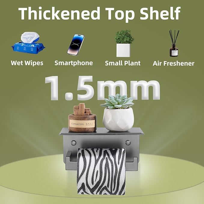 APLusee Toilet Paper Holder with Phone Shelf Gunmetal Gray, 304 Stainless Steel Rustproof Wall Mounted Heavy-Duty, Space-Saving for Modern Bathrooms