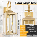 19" Gold Outdoor Wall Lantern 2-Light, Large Modern Wall Sconce Light Fixture, Industrial Porch Light with Glass, Waterproof Farmhouse Exterior Lamp (1 Pack)
