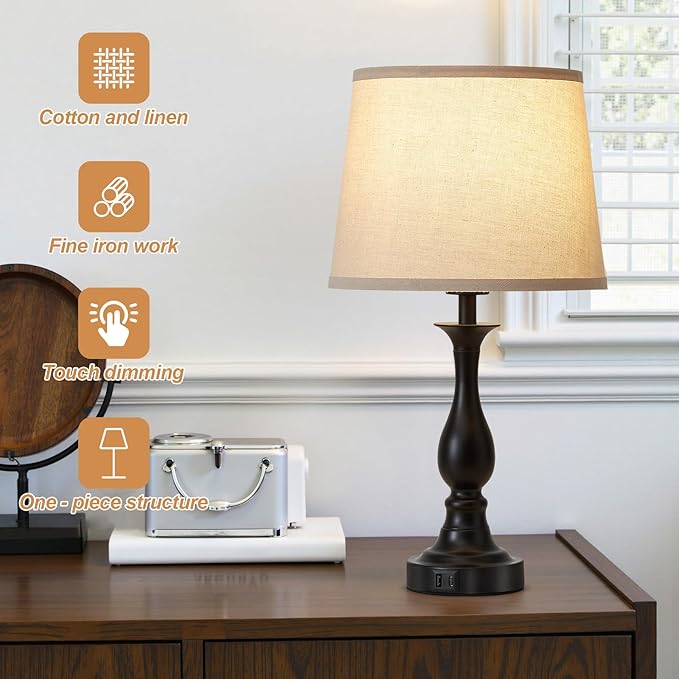 Bedside Table Lamp Touch Control Bedroom Lamps with USB-C USB-A Charging Port 3 Way Dimmable Touch Lamps for Nightstand Living Room Bedroom Dorm Home Office Reading, Set of 2