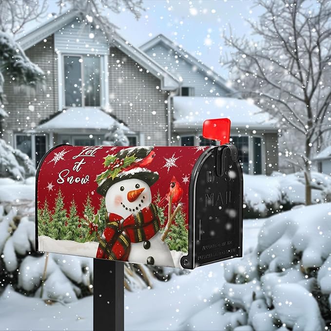 Snowman Mailbox Covers Magnetic Large Size Xmas Cardinal Mailbox Cover 25.5X21 Inch Winter Pine Tree Post Box Christmas Letterbox Wraps for Garden Yard Decorations