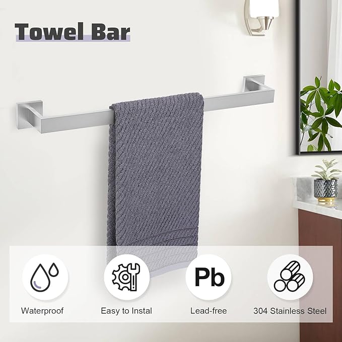 TNOMS Brushed Nickel Towel Bar Set,5-Piece Bathroom Hardware Set Includes Upgraded Double Base Paper Towel Holder Modern Square Towel Holder Set,Stainless Steel Wall Mount 23.6 Inch