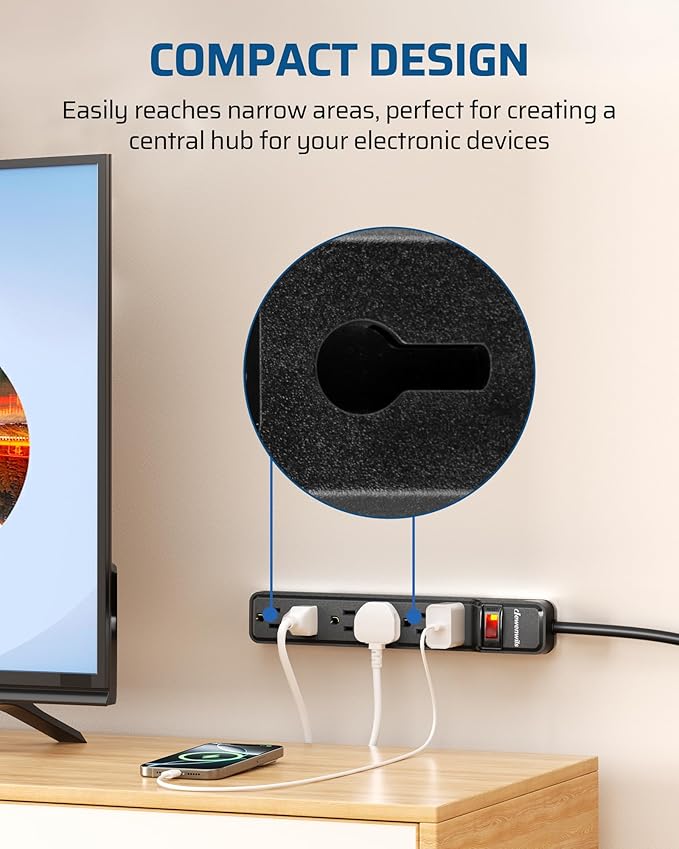 DEWENWILS 6 Foot Long Power Strip, 6-Outlet Power Strip 6FT, 15 Amp Circuit Breaker, Low Profile Flat Plug, Surge Protector for Office, Living Room, Bedroom, 4 Pack, Wall Mount, Black