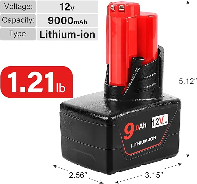 TeenPower Replacement for Milwaukee M12 Battery 9.0 2/pk Compatible with Milwaukee M12 Power Tools Compatible with 59-1812 Charger