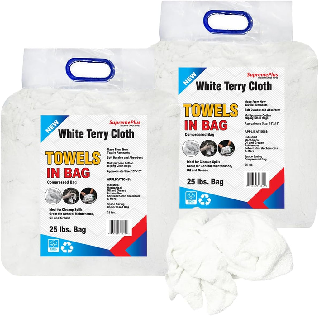 Premium White Terry Cloth Rags (25 lbs.Bag - 2 Pack) Super Absorbent Cotton Towel Cleaning Rags for Garage, Industrial Use & Housekeeping