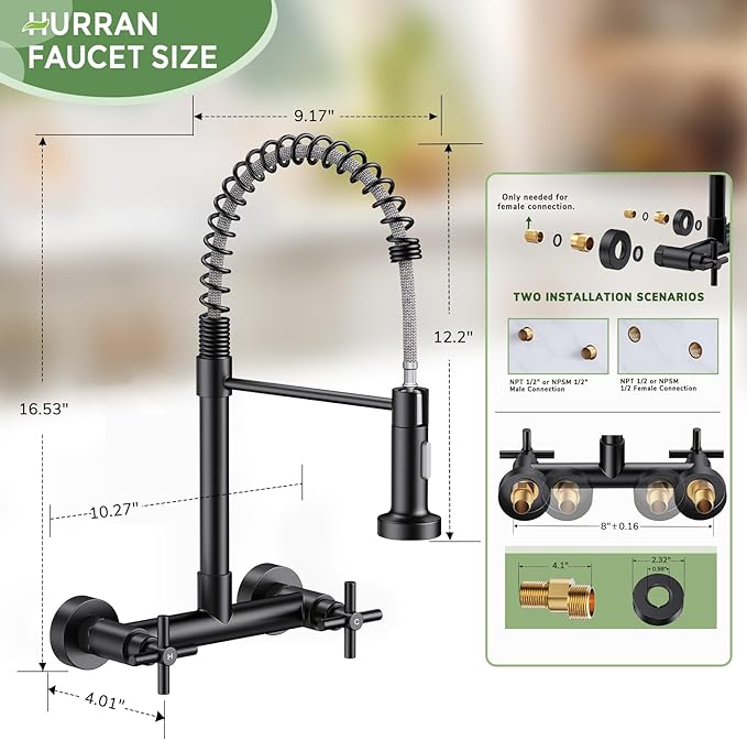 Wall Mount Kitchen Faucet, Hurran Matte Black Kitchen Sink Faucet, 8 Inch 2 Handle Wall Mount Commercial Sink Faucet with Pull Down Sprayer for Kitchen Laundry Room Restaurant