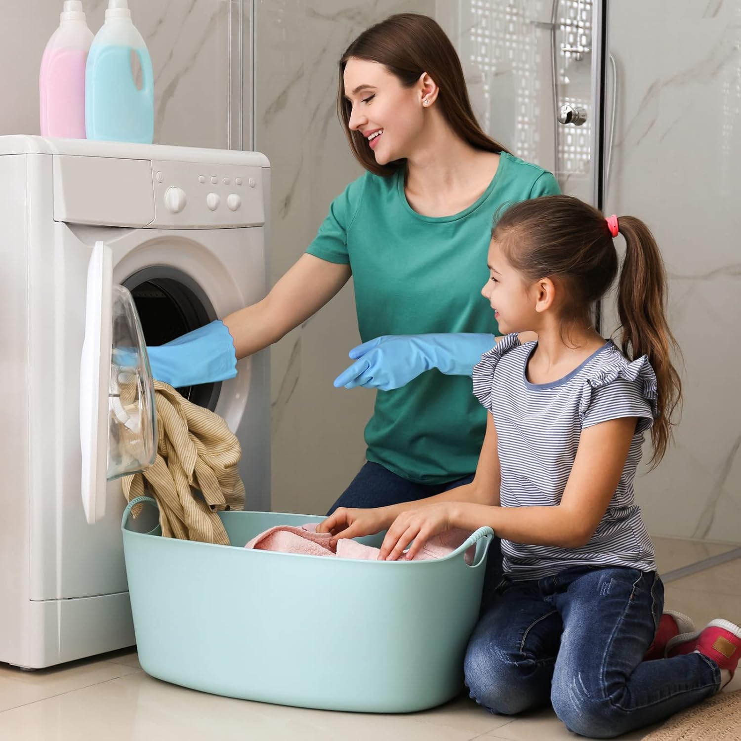 Bamllum Rubber Cleaning Gloves - 3 Pairs Latex Free Kitchen Cleaning Gloves with Cotton Liner- Household Dishwashing Gloves, Non- Slip Waterproof (Small, Blue+Pink+White)