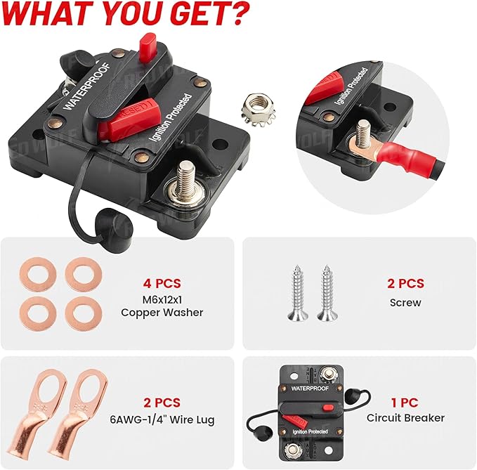 RED WOLF 60 Amp Circuit Breaker W/Ring Terminal 6 Gauge Connector Manual Reset Switch for Boat Trolling Motor Marine ATV Trailer Vehicles Stereo Audio Electronic Battery Solar System Inline Fuse