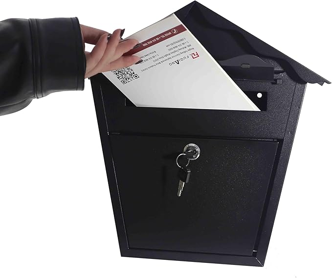 Wall Mount Locking Mailbox - Black Horizontal Triangular Security Mailbox - Waterproof Vertical Drop Mail Box Outdoor with Key
