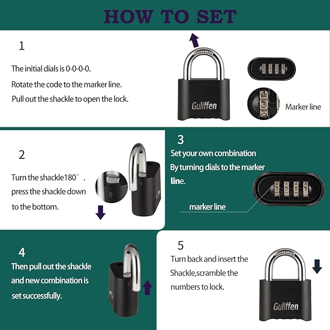 Long Shackle Combination Lock, Heavy Duty Outdoor Padlock Weatherproof, Resettable Combination Padlock of Metal for Gate, Shed, Storage Locker, Cable (Black, 7 Pack)