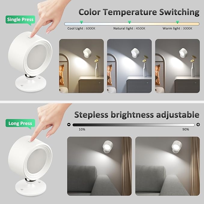 LED Wall Sconces 3 Pcs with Remote, Wall Mounted Lights Rechargeable Battery Operated, 3 Color Temperatures & Dimmable Wall Lamp Magnetic 360° Rotation Light for Bedroom Living Room