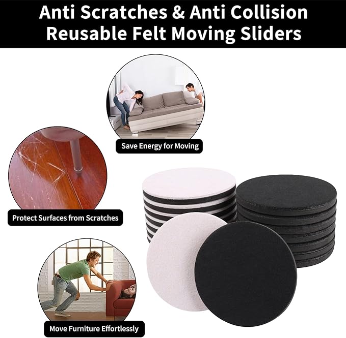 Ezprotekt 5" Round Felt Furniture Movers Sliders for Hardwood Floors, 8 Pcs Reusable Felt Furniture Moving Pads for Heavy Duty Bed Sofa Fridge Couch, Move Item Easily and Quickly (Black)