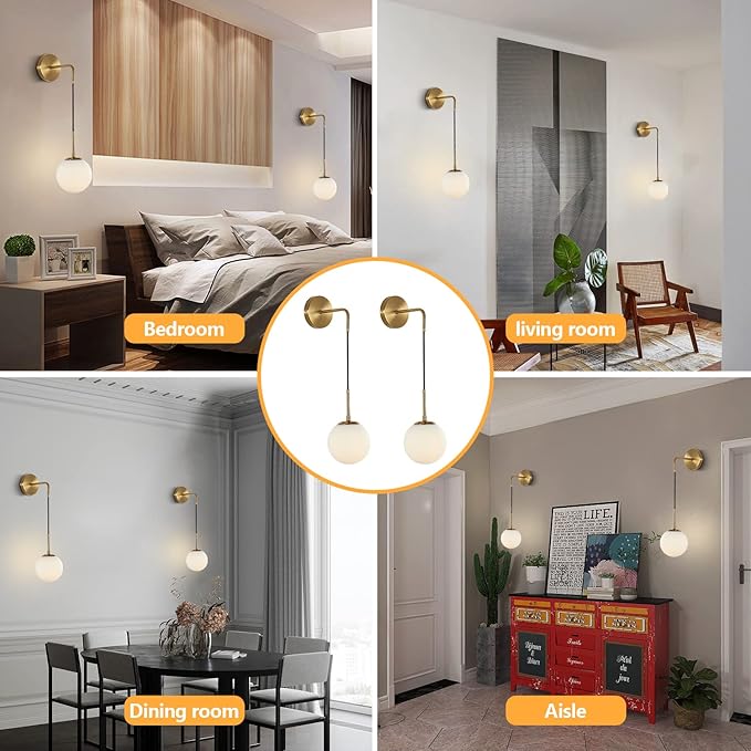 KCO Lighting Frosted White Glass Wall Sconce Set of Two Brass Gold Globe Ball Wall Light Adjustable Cord Industrial Vanity Wall Lamp for Bathroom Mirror Bedside Stairs (White)