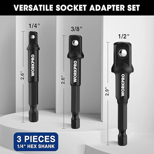 WORKPRO 3-Piece Socket Adapter Extension Set, 1/4, 3/8, 1/2-Inch Drive, 1/4-Inch Hex Shank, Impact Grade Extension Bit With Holder For Power Drill & Impact Driver