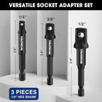 WORKPRO 3-Piece Socket Adapter Extension Set, 1/4, 3/8, 1/2-Inch Drive, 1/4-Inch Hex Shank, Impact Grade Extension Bit With Holder For Power Drill & Impact Driver