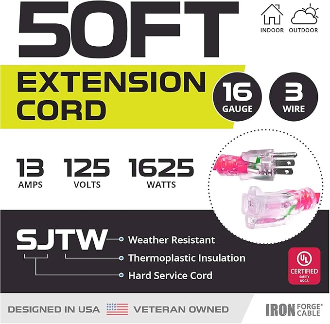 Iron Forge Cable Weatherproof 50 Ft Outdoor Extension Cord - 16/3 SJTW 13 Amp Heavy Duty Neon Pink Extension Cord 3 Prong - Lighted End