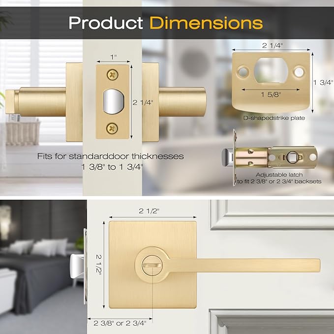 EHOMEWARE 8 Packs Gold Heavy Duty Door Handle Interior, Privacy Door Lever Handle, Bathroom Door Handles Interior, Modern Bedroom Door Handle