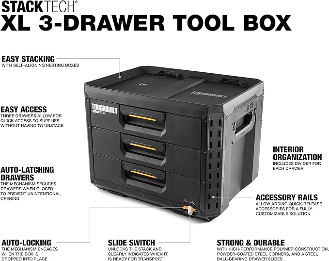 ToughBuilt StackTech XL 3 Drawer Tool Box, Heavy-Duty Portable Tools Chest, 50 lb Capacity - Stackable Toolbox Storage Organizer with 22 Dividers, Auto-Latching Drawers and Accessory Rails