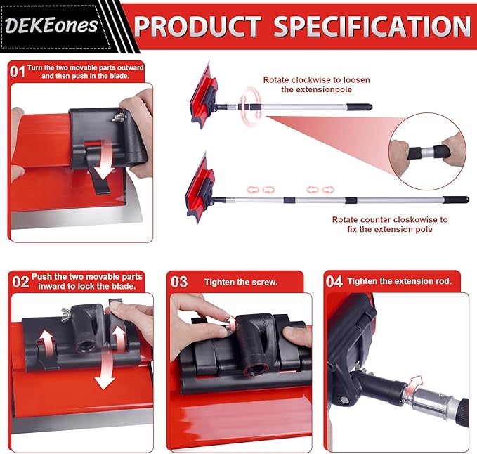 DEKEones Drywall Skimming Blade Set, Stainless Steel 10",16" & 24" Skimming Blades with 28"-62" Extension Handle Pole, Professional Drywall Skimming Tools for Smoothing Wall and Ceiling