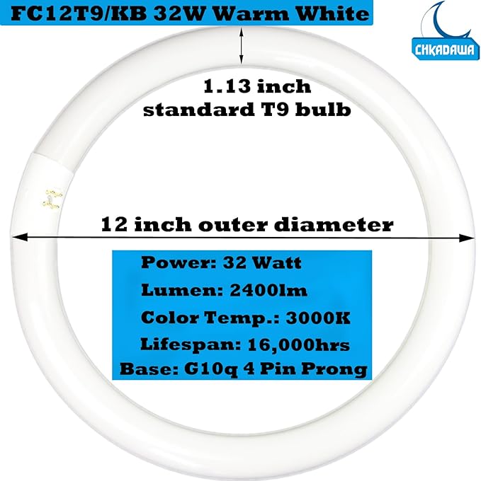 FC12T9/KB 32 Watt Light Bulb, 12 inch FCL 32W T9 Circular Fluorescent Light Bulb, FC12T9 WW Round Light Bulbs Warm White 3000K, G10q 4 Pin Prong Base, 2 Pack