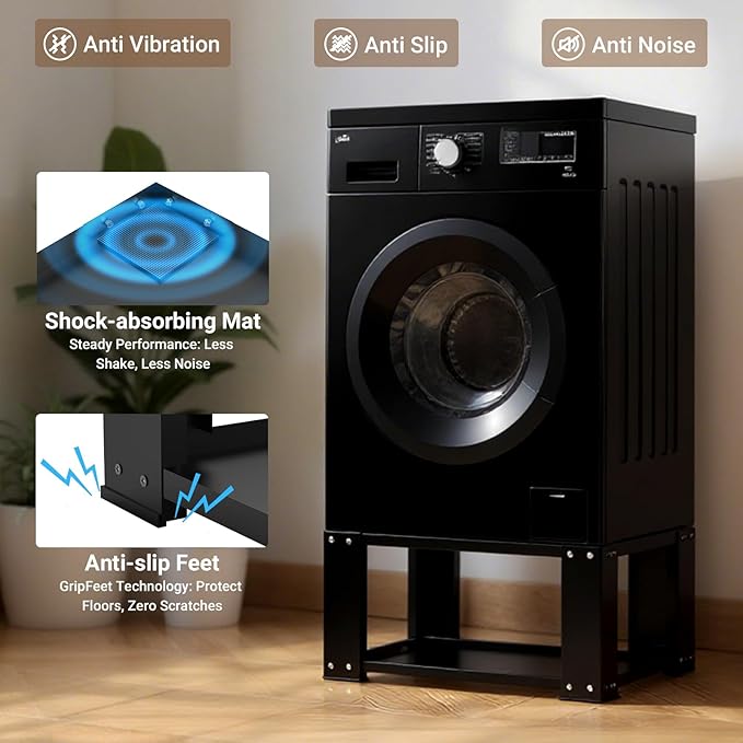 SKM Universal Washer and Dryer Pedestal Stand for 27" & 28" Machines | Heavy-Duty Steel, 700LB Capacity | 15.7" Height, Anti-Slip Design, Black