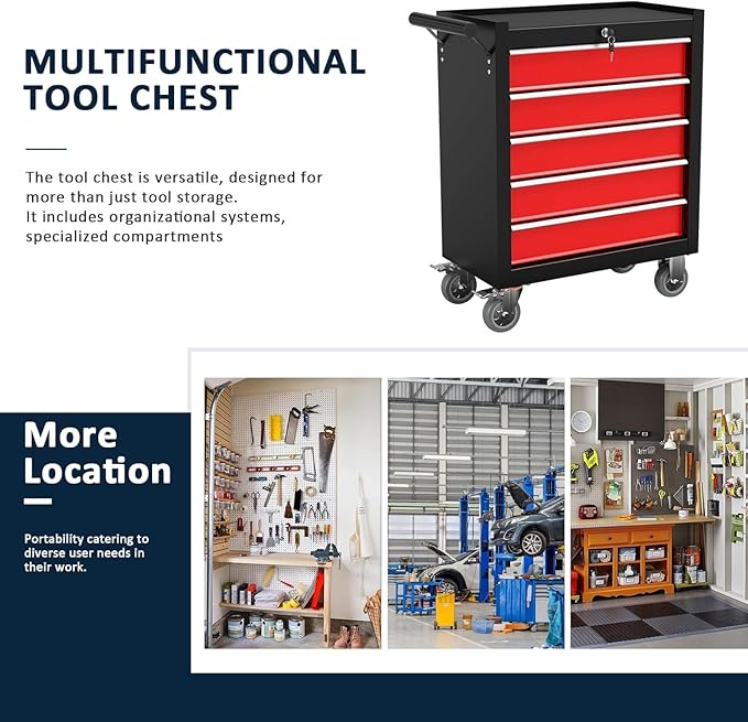 5-Drawer Metal Rolling Tool Chest with Wheels,Tool Storage Cabinet with Locking System，Toolbox with Wheels for Garage, Warehouse, Workshop, Repair Shop (Black&red, 5Drawer)
