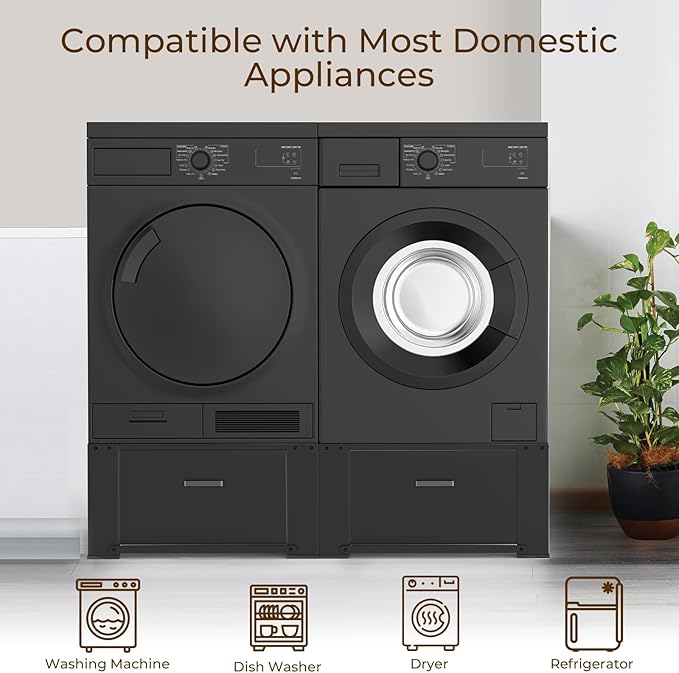 SKM 2-Pack 29" Washer & Dryer Pedestal Stand with Storage Drawer | Heavy-Duty Steel, 700LB Capacity | 14.3" Ergonomic Height, Black