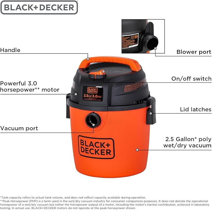 BLACK+DECKER Shop Vacuum, Wet/Dry Mini Shop Vac with Accessories, 2.5 Gallon, 3 Peak HP, Small Vacuum for Garage, Home & Pets, 80 CFM, BDXV18134PA