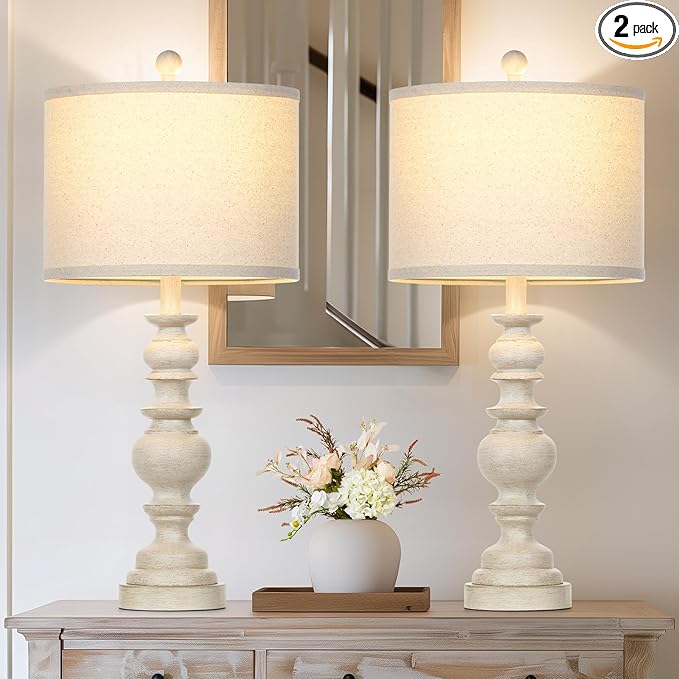 27.5" Farmhouse Table Lamps Set of 2, Rustic Living Room Lamps with USB C+A Ports & AC Outlet, Vintage Bedside Lamps with Linen Shade, Tradition Bedroom Lamps for Nightstand Side End Table Desk, Beige