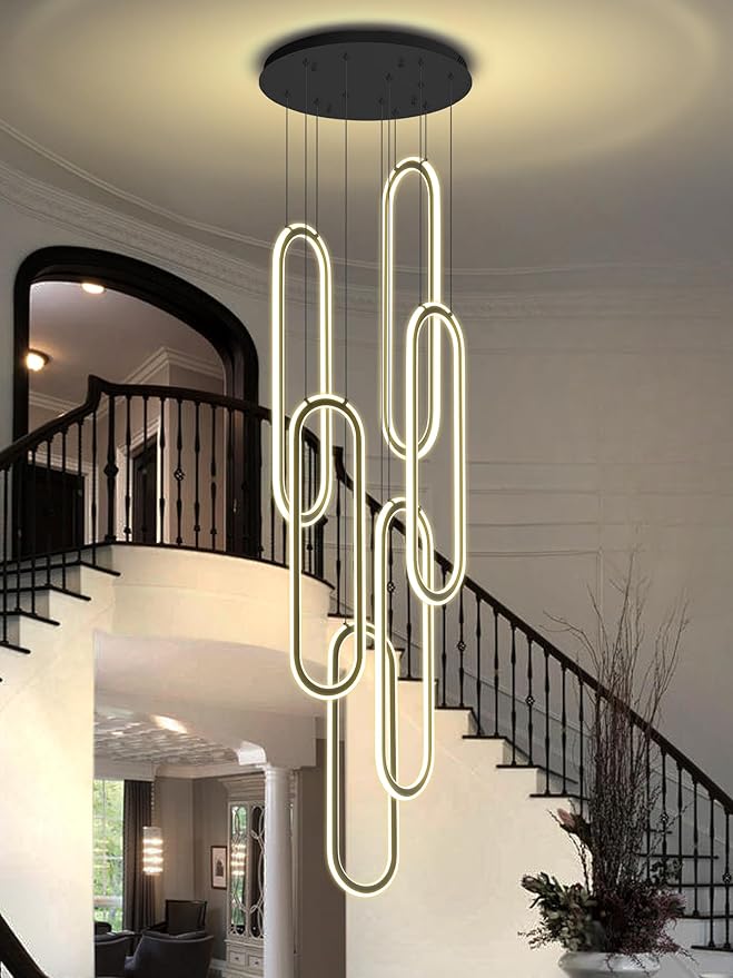 Flashing God Chandelier 6-Rings Contemporary Chandelier for High Ceiling Flush Mount Led Dimmable Large Pendant Lighting Black Ring Chandeliers for Villa Foyer Entrance Living Room