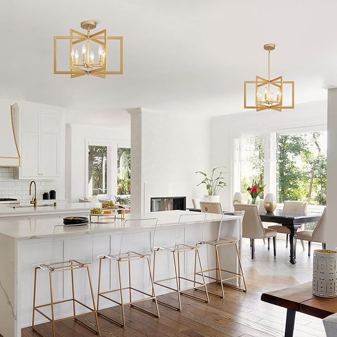 Gold Chandelier Modern Geometric 6-Light, Farmhouse Dining Room Light Fixture Over Table Kitchen Island Lighting Fixtures Metal Hanging Pendant Lighting, E12