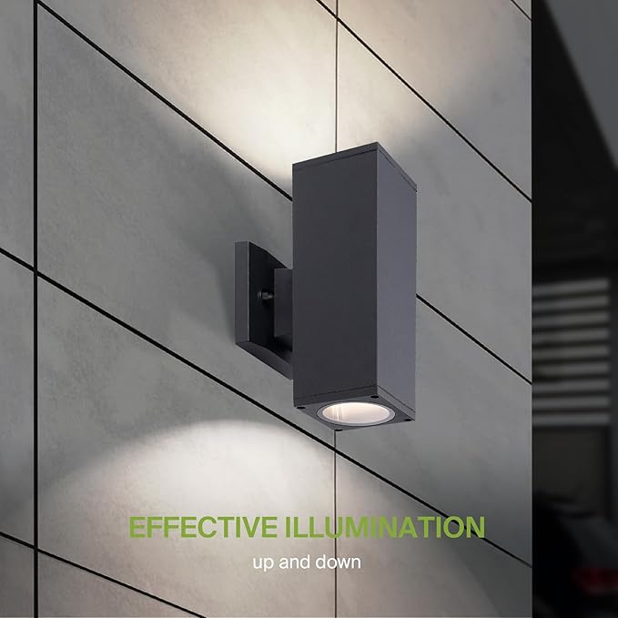 ASD 2 Light Square Outdoor Wall Light Fixture | 120W E26 Bulb Socket 120V ETL Cylinder Up Down Lights | LED/CFL/Incandescent Exterior Bulb Wall Sconce | Front Door, Porch, Patio | Black