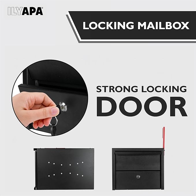 Ilyapa Locking Mailbox for Outside with Lock & Key - Modern Mailboxes for Outside Post Mount, Black Powder Coated Steel Heavy Duty Curbside Mail Box