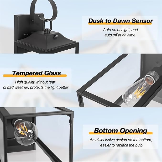 19" Large Dusk to Dawn Outdoor Lighting 2 Pack, Black Sensor Porch Lights Exterior Lighting Fixtures, Modern Wall Lantern Outdoor Wall Lights Waterproof Wall Sconce Lamp for House, Doorway, Garage