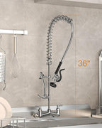 Commercial Sink Faucet Wall Mount with Pre Rinse Sprayer 8 inch Center Wall Mount Kitchen Sink Faucet 36" Height with 12" Add-on Swing Spout for 1/2/3 Compartment Sink-Round Sprayer