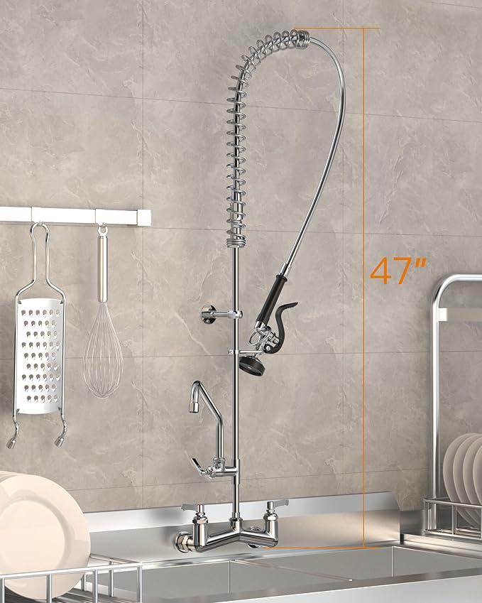Commercial Sink Faucet Wall Mount with Pre Rinse Sprayer 8 inch Center Wall Mount Kitchen Sink Faucet 47" Height with 14" Add-on Swing Spout for 1/2/3 Compartment Sink