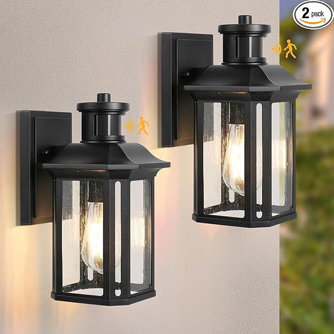 2 Pack Motion Sensor Outdoor Wall Lights, Dusk to Dawn Porch Lights with 3 Adjustable Lighting Modes, Waterproof Exterior Light Fixture Wall Mount, Black Outside Lights for House, Garage, ETL Listed