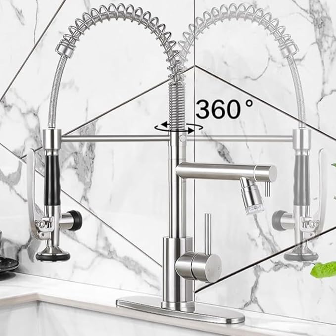 Smart Kitchen Faucet, 3 Modes Pull Down Sprayer, LED Temperature Control, Ceramic Valve,360-Degree Rotation,1 or 3 Hole Deck Plate, Double Spout. 10-Year Warranty. (KW-05SN, Brushed Nickel)