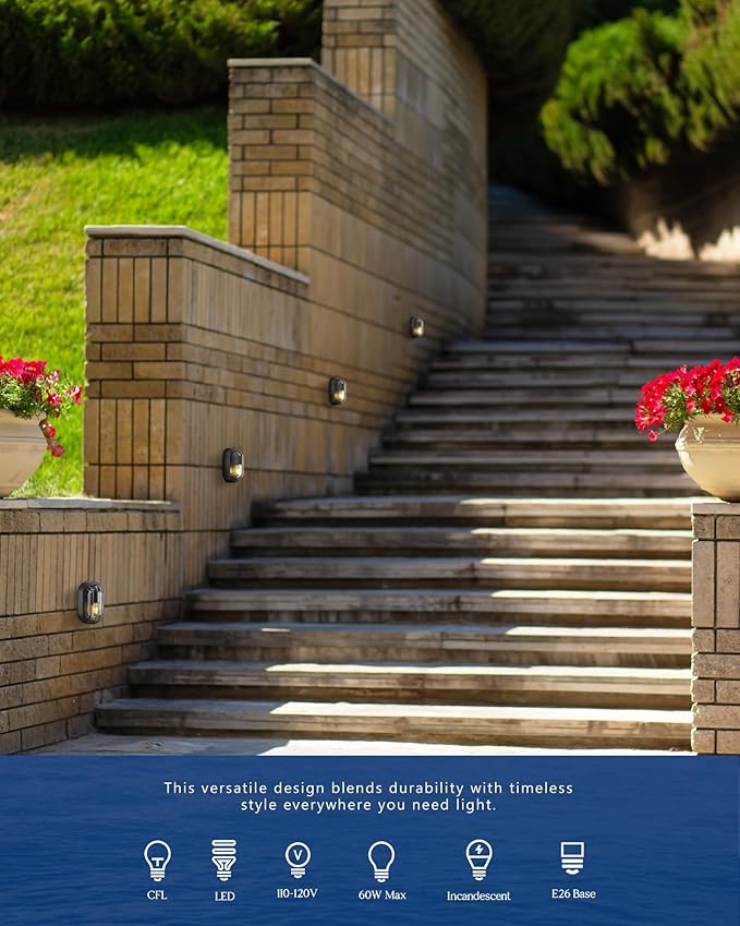 FEMILA 8.5" Oval Bulkhead Light, Modern Exterior Wall Sconce, 2 Pack Outdoor Wall Light & Ceiling Flush Mount, Ripple Glass, IP44 Waterproof, Front Porch Light for Patio/Garage/Entry, 4FYX104F-2 BK SW